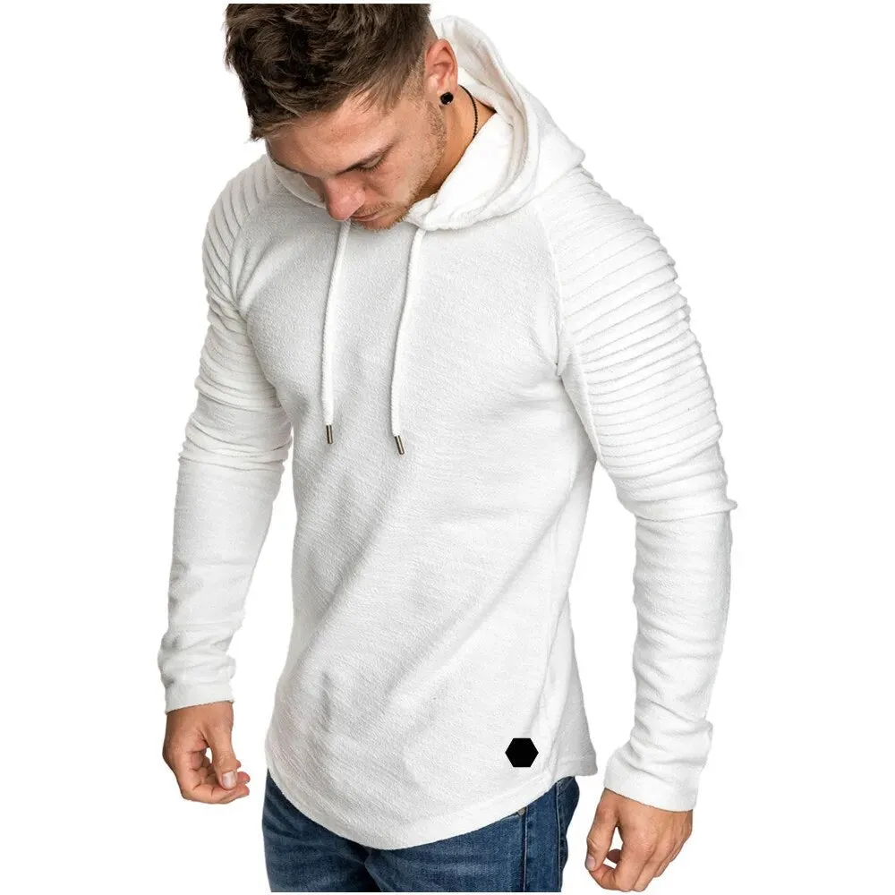New Trendy Mens Hoodies Solid Color Hooded Slim Sweatshirt Striped pleated raglan sleeves Male Streetwear Casual sweatshirt Coat