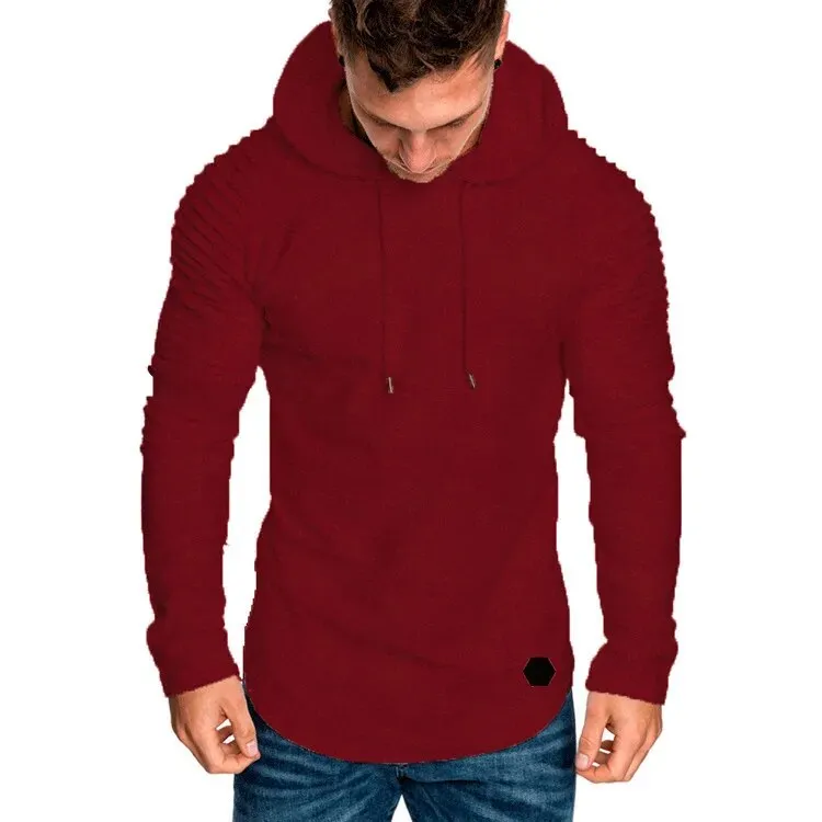 New Trendy Mens Hoodies Solid Color Hooded Slim Sweatshirt Striped pleated raglan sleeves Male Streetwear Casual sweatshirt Coat