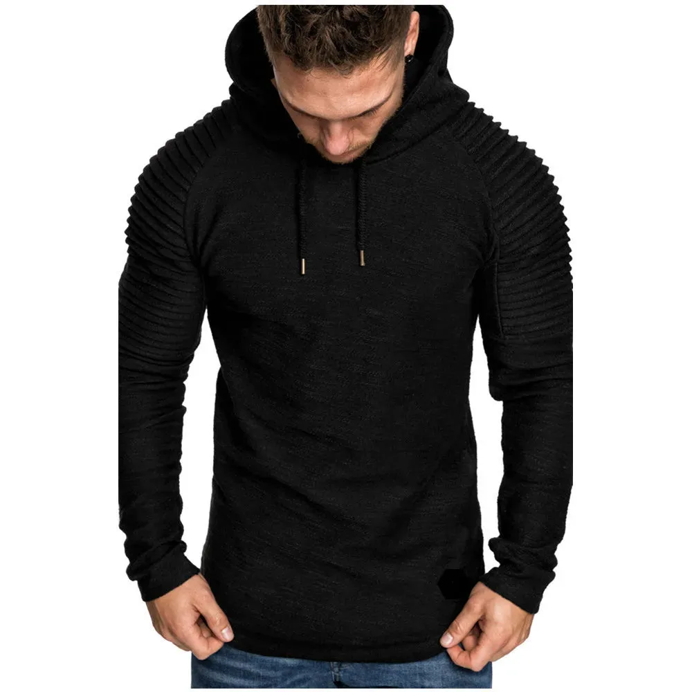 New Trendy Mens Hoodies Solid Color Hooded Slim Sweatshirt Striped pleated raglan sleeves Male Streetwear Casual sweatshirt Coat