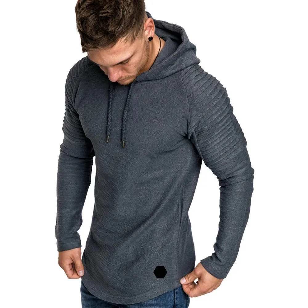 New Trendy Mens Hoodies Solid Color Hooded Slim Sweatshirt Striped pleated raglan sleeves Male Streetwear Casual sweatshirt Coat