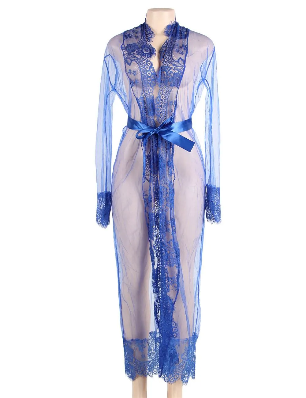 New White & Black & Blue Long Sleepwear Delicate Lace Gow