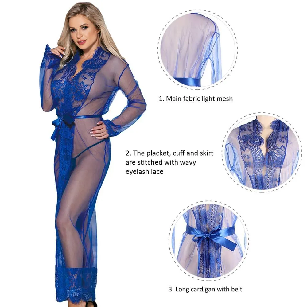 New White & Black & Blue Long Sleepwear Delicate Lace Gow