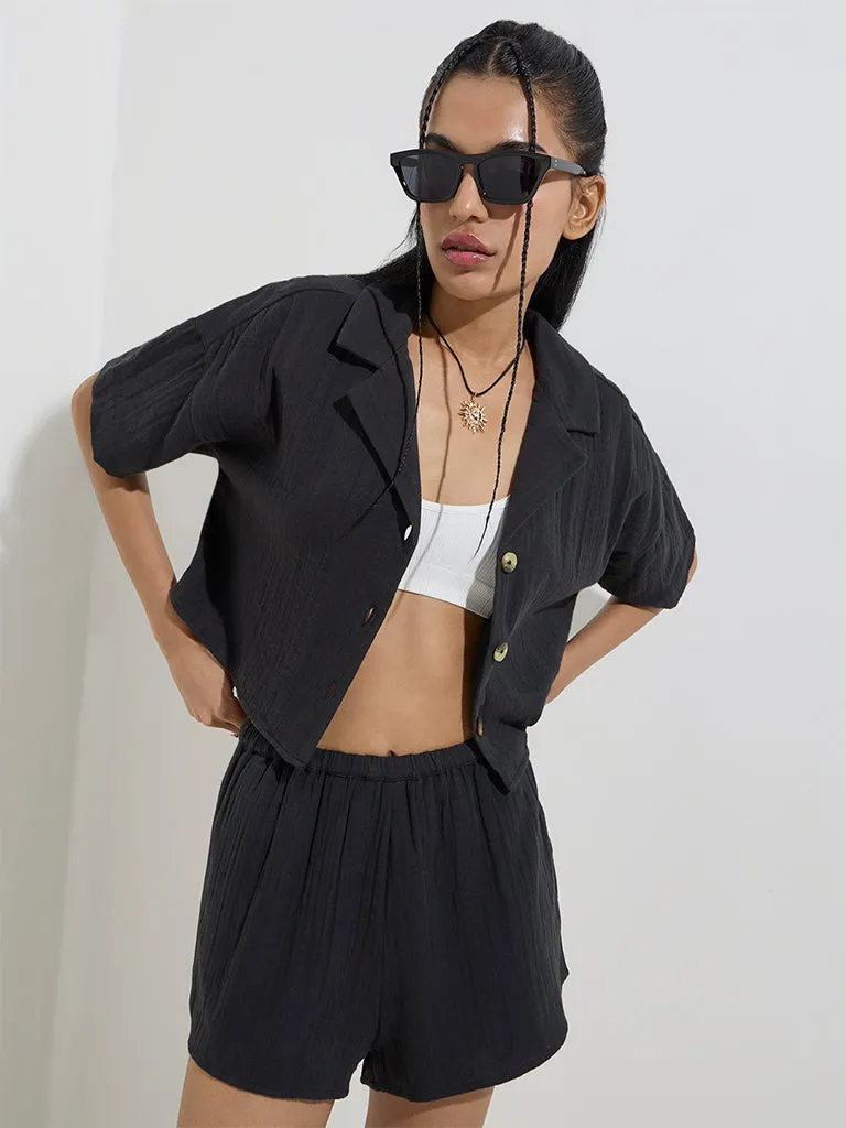 Nuon Black Crinkle-Textured Cotton Shirt