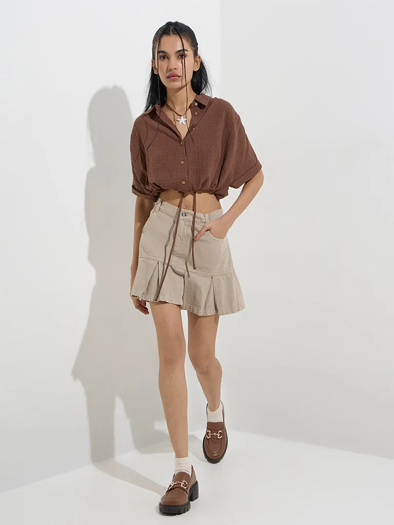 Nuon Brown Crinkle-Textured Cotton Cropped Shirt