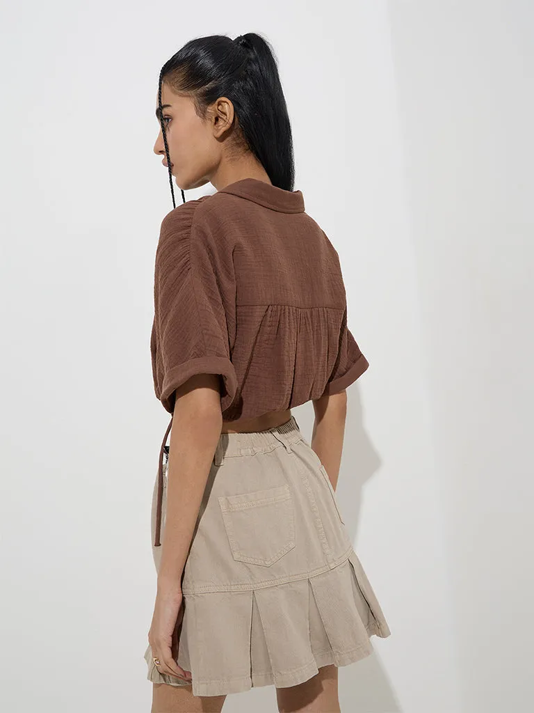 Nuon Brown Crinkle-Textured Cotton Cropped Shirt