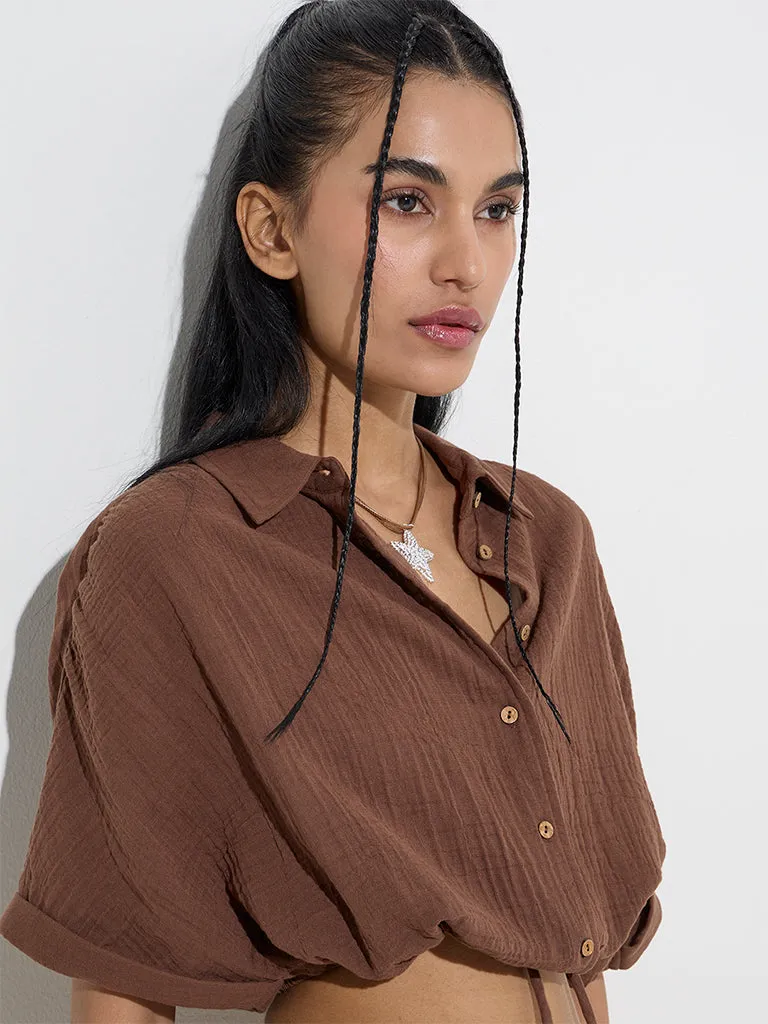 Nuon Brown Crinkle-Textured Cotton Cropped Shirt
