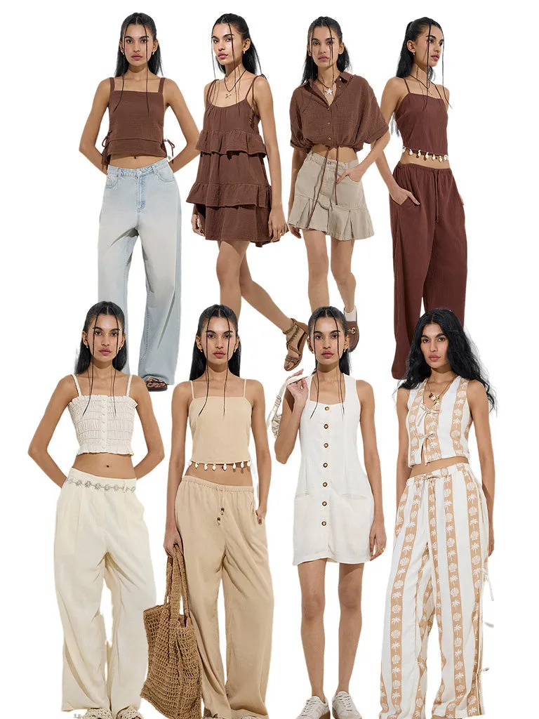 Nuon Brown Crinkle-Textured Cotton Cropped Shirt