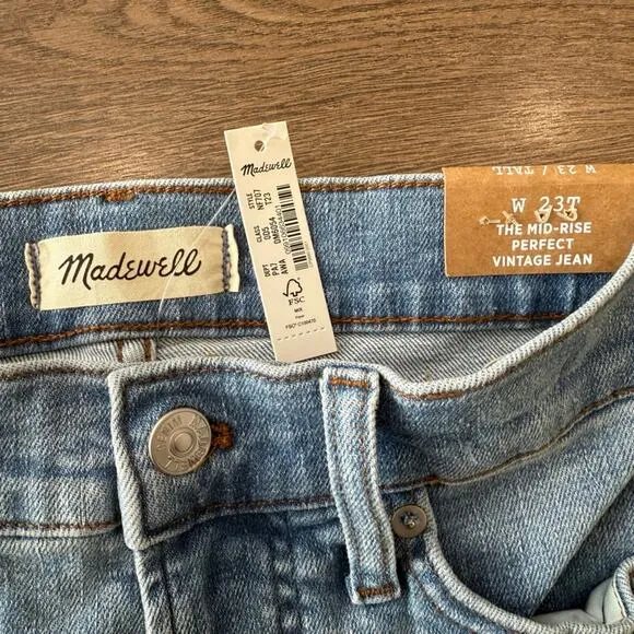 NWT Madewell The Mid Rise Perfect Vintage Jean in Alderton Wash Size 23 Tall