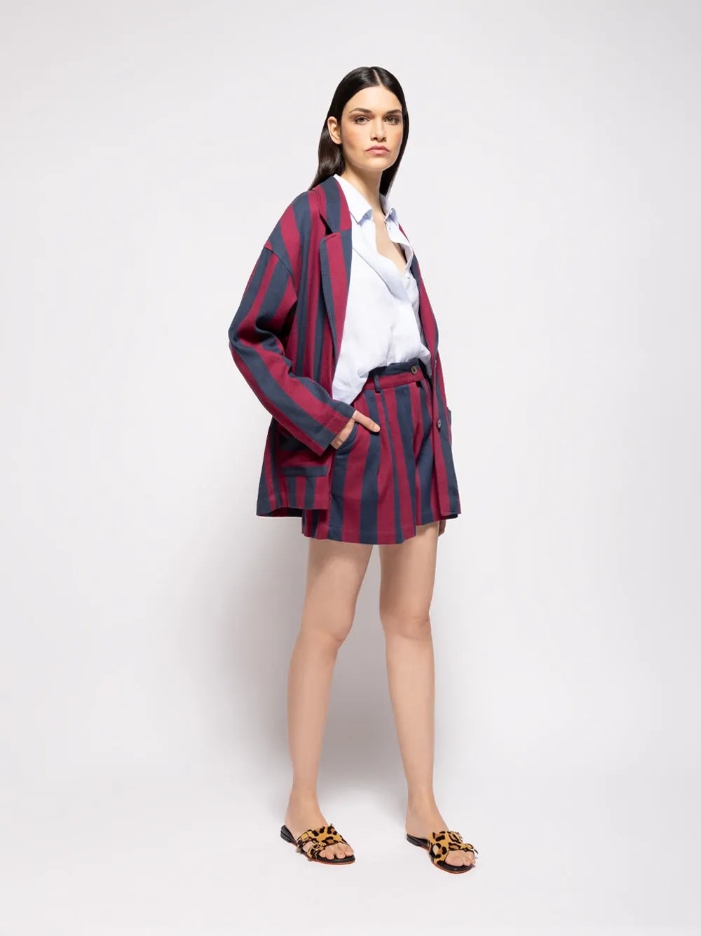 Nymphaea Grape Hand-Woven Striped Blazer with Embroidery