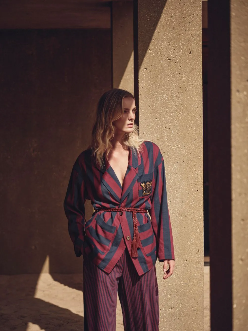 Nymphaea Grape Hand-Woven Striped Blazer with Embroidery
