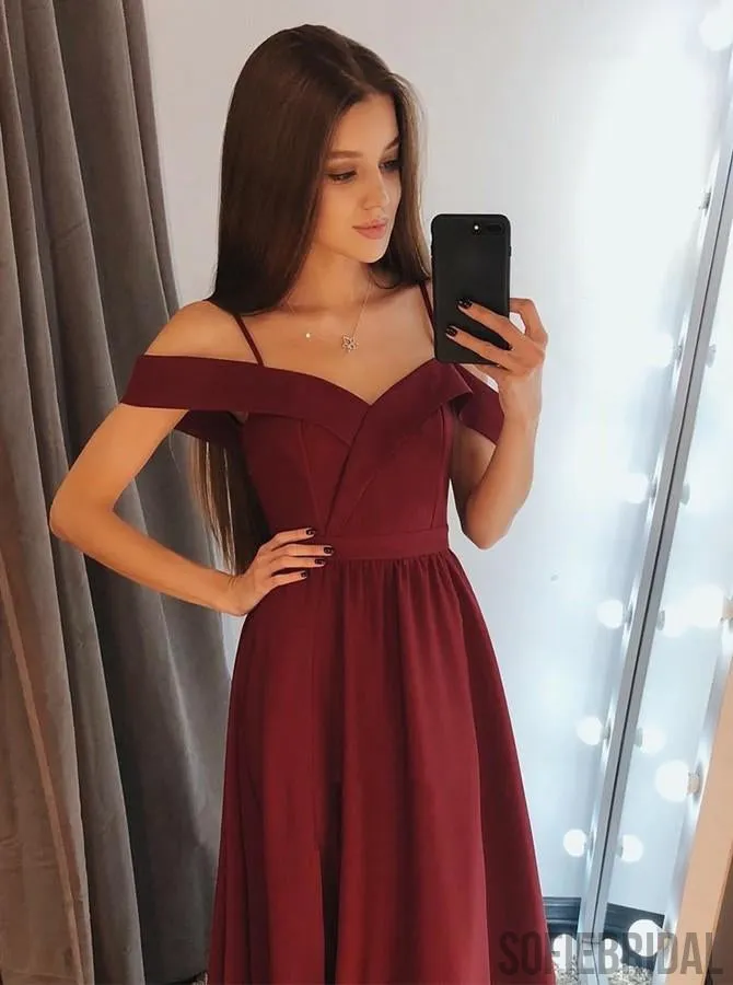 Off-shoulder Burgundy Simple Long Prom Dress With Straps, PD0011