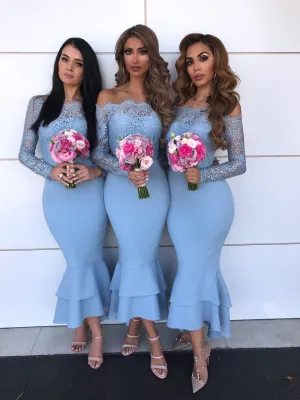 off the shoulder blue bridesmaid dresses short 2020 lace appliqué mermaid vintage wedding party dress