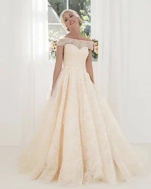 Off The Shoulder Champagne Lace Wedding Dress 2019 Ball Gown Lace Bridal Gowns with Belt
