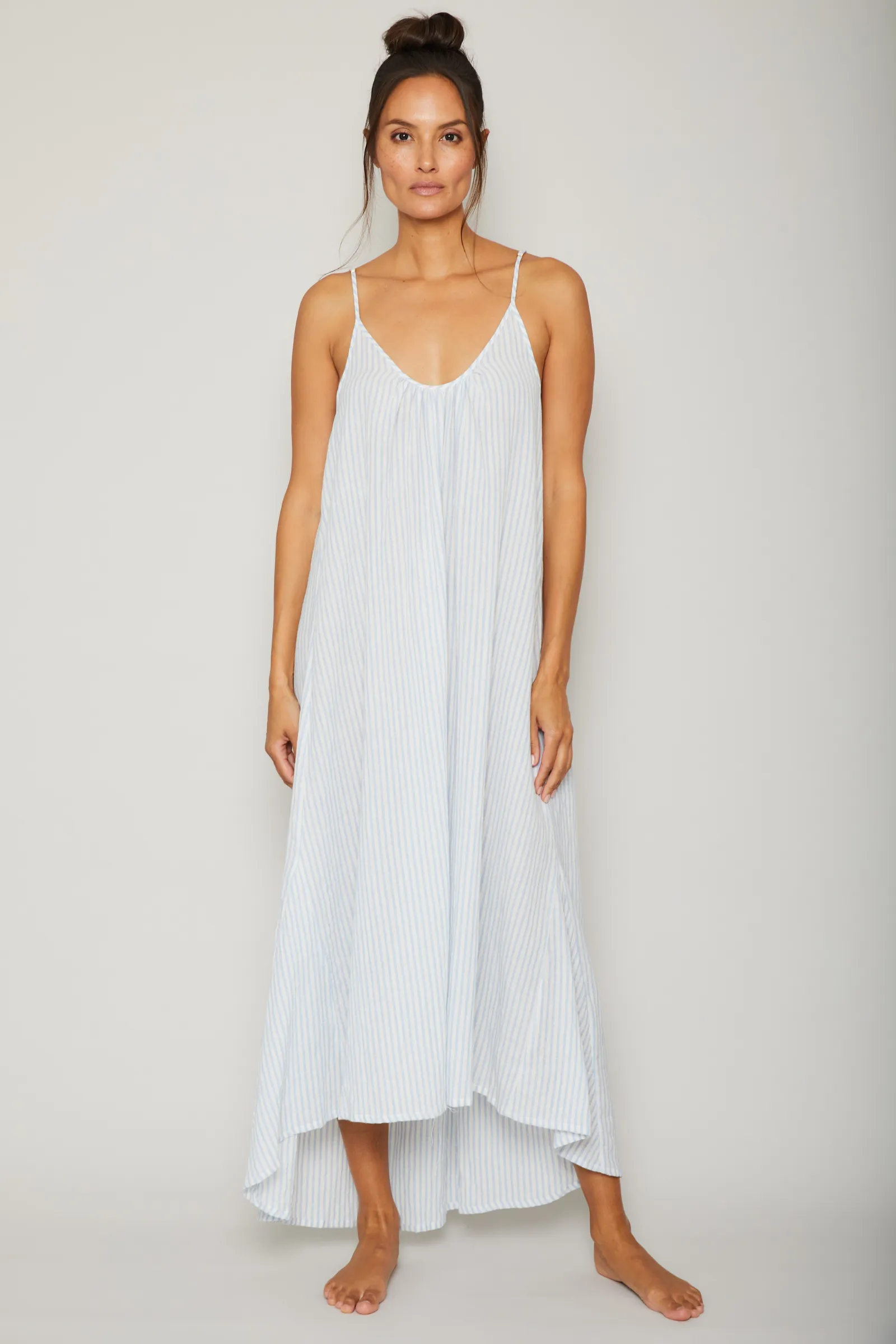 Organic Japanese Cotton High Low Dress - Blue Stripe
