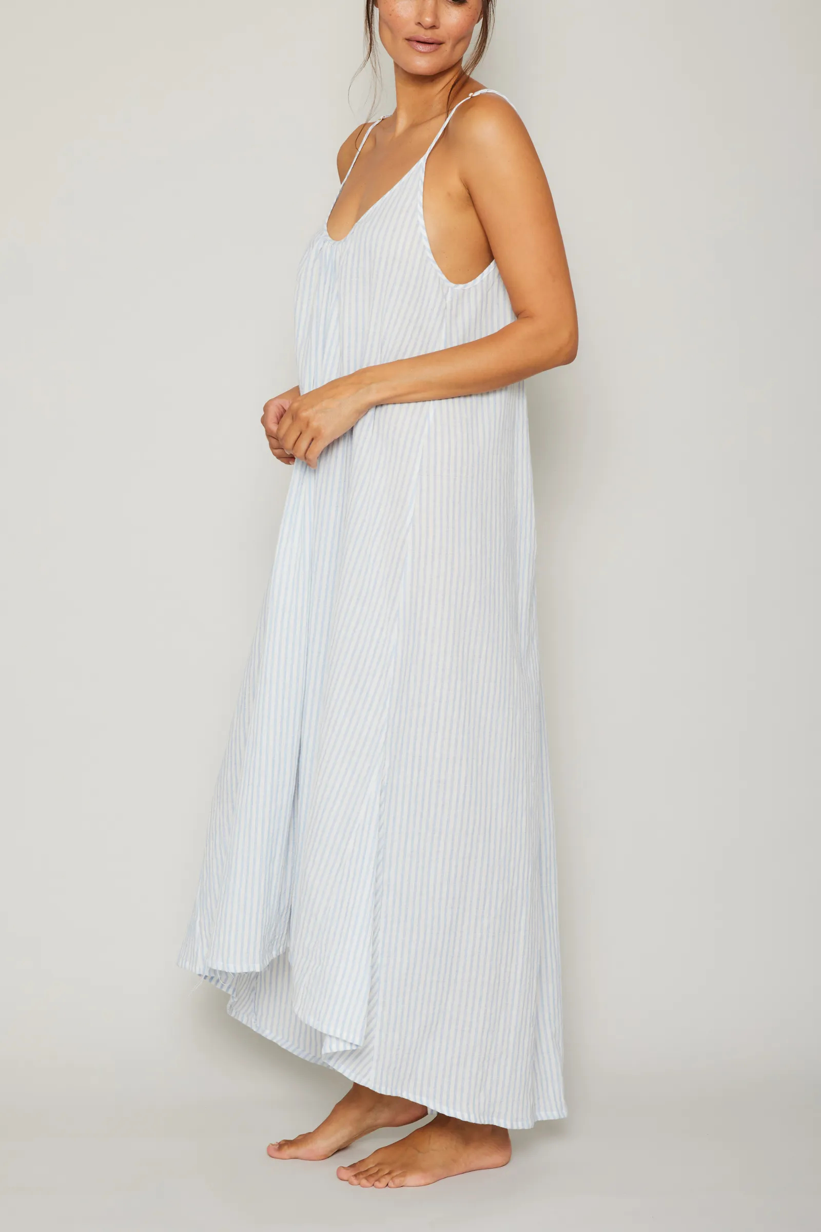 Organic Japanese Cotton High Low Dress - Blue Stripe