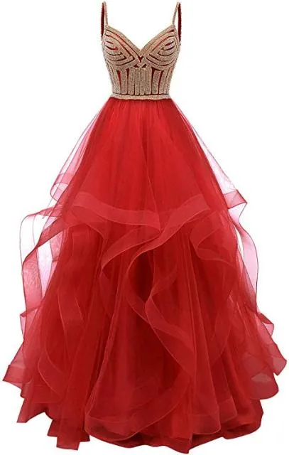 Original Vkbridal Champagne Gold Tiered Tulle Evening Dresses Ball Gowns Long Crystals Lace Up Long Formal Prom Dress Straps