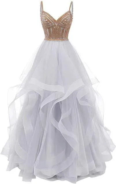 Original Vkbridal Champagne Gold Tiered Tulle Evening Dresses Ball Gowns Long Crystals Lace Up Long Formal Prom Dress Straps