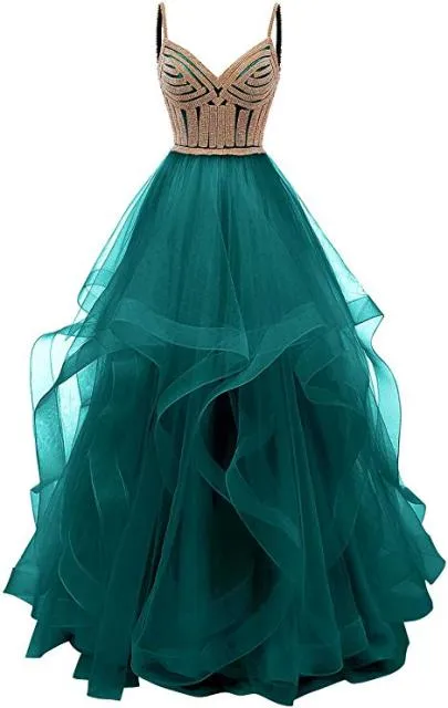 Original Vkbridal Champagne Gold Tiered Tulle Evening Dresses Ball Gowns Long Crystals Lace Up Long Formal Prom Dress Straps