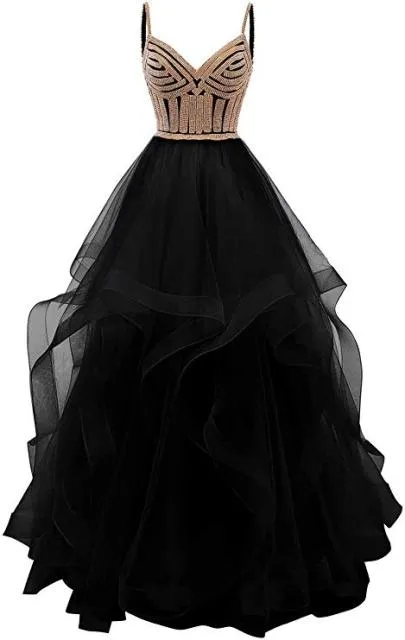 Original Vkbridal Champagne Gold Tiered Tulle Evening Dresses Ball Gowns Long Crystals Lace Up Long Formal Prom Dress Straps