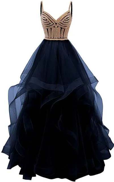 Original Vkbridal Champagne Gold Tiered Tulle Evening Dresses Ball Gowns Long Crystals Lace Up Long Formal Prom Dress Straps