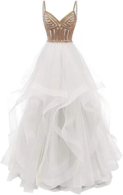 Original Vkbridal Champagne Gold Tiered Tulle Evening Dresses Ball Gowns Long Crystals Lace Up Long Formal Prom Dress Straps