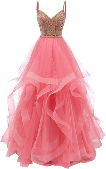 Original Vkbridal Champagne Gold Tiered Tulle Evening Dresses Ball Gowns Long Crystals Lace Up Long Formal Prom Dress Straps