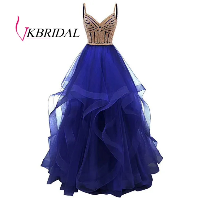 Original Vkbridal Champagne Gold Tiered Tulle Evening Dresses Ball Gowns Long Crystals Lace Up Long Formal Prom Dress Straps