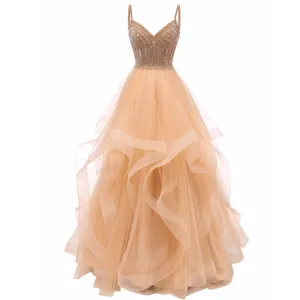Original Vkbridal Champagne Gold Tiered Tulle Evening Dresses Ball Gowns Long Crystals Lace Up Long Formal Prom Dress Straps