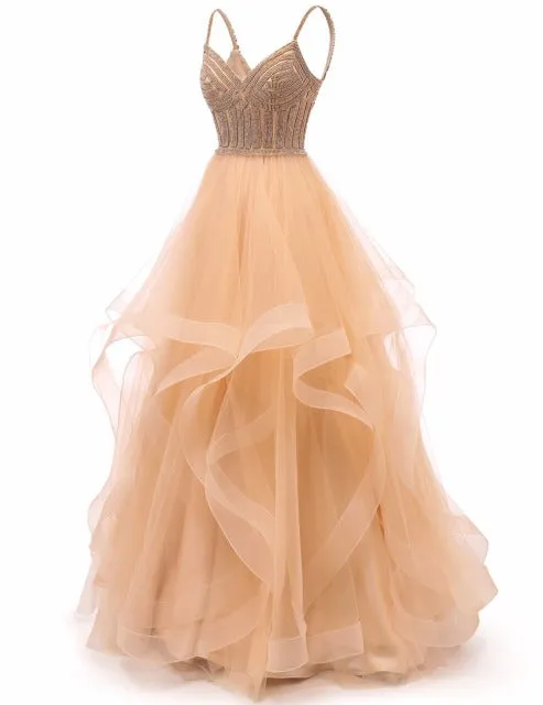 Original Vkbridal Champagne Gold Tiered Tulle Evening Dresses Ball Gowns Long Crystals Lace Up Long Formal Prom Dress Straps