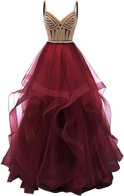 Original Vkbridal Champagne Gold Tiered Tulle Evening Dresses Ball Gowns Long Crystals Lace Up Long Formal Prom Dress Straps