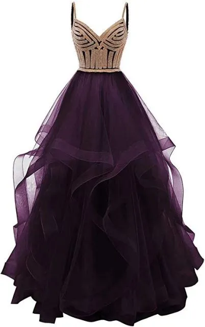 Original Vkbridal Champagne Gold Tiered Tulle Evening Dresses Ball Gowns Long Crystals Lace Up Long Formal Prom Dress Straps