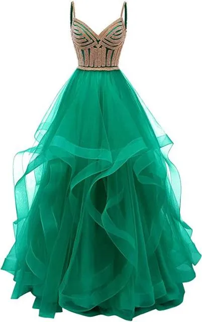 Original Vkbridal Champagne Gold Tiered Tulle Evening Dresses Ball Gowns Long Crystals Lace Up Long Formal Prom Dress Straps
