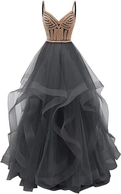 Original Vkbridal Champagne Gold Tiered Tulle Evening Dresses Ball Gowns Long Crystals Lace Up Long Formal Prom Dress Straps