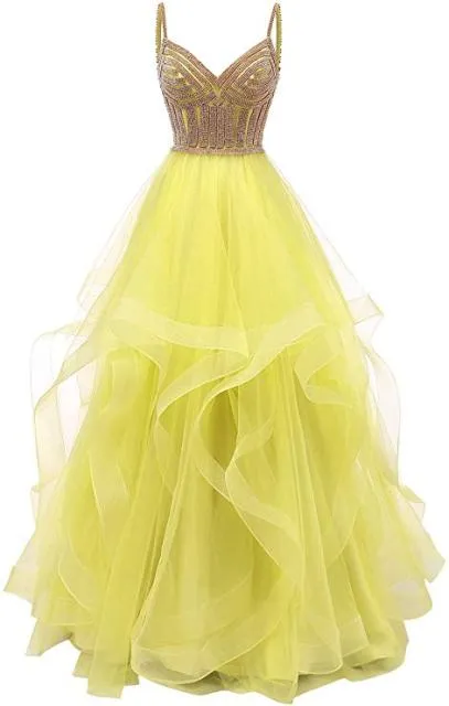 Original Vkbridal Champagne Gold Tiered Tulle Evening Dresses Ball Gowns Long Crystals Lace Up Long Formal Prom Dress Straps