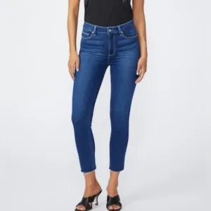 PAIGE Hoxton Ankle High Rise Skinny Jeans w/Stretch, Raw Slit Hem, Sz 33, EUC!
