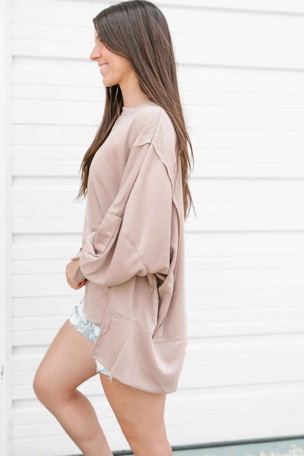 Parchment Exposed Seam Puff Sleeve Split Oversize Sweatshirt