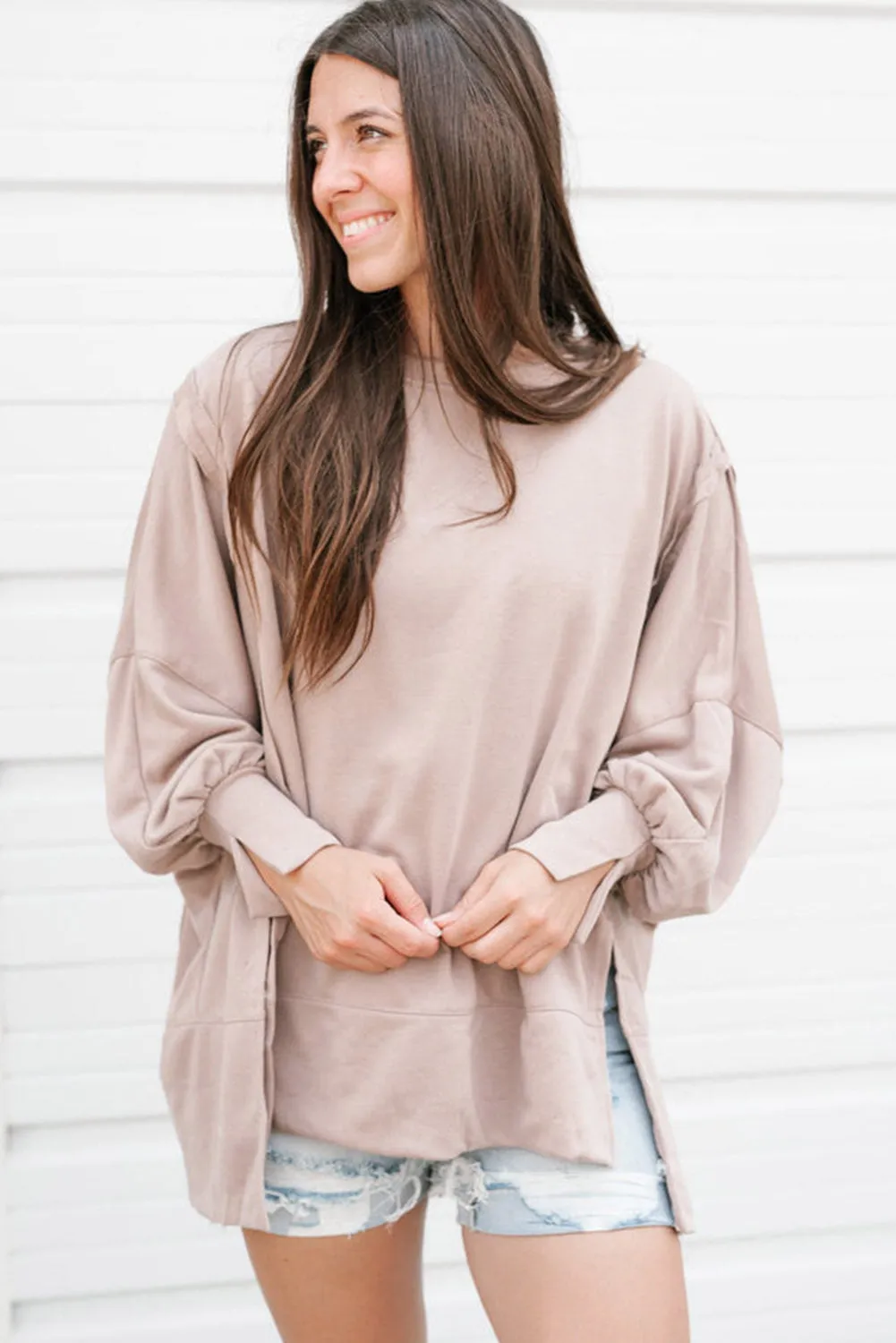Parchment Exposed Seam Puff Sleeve Split Oversize Sweatshirt
