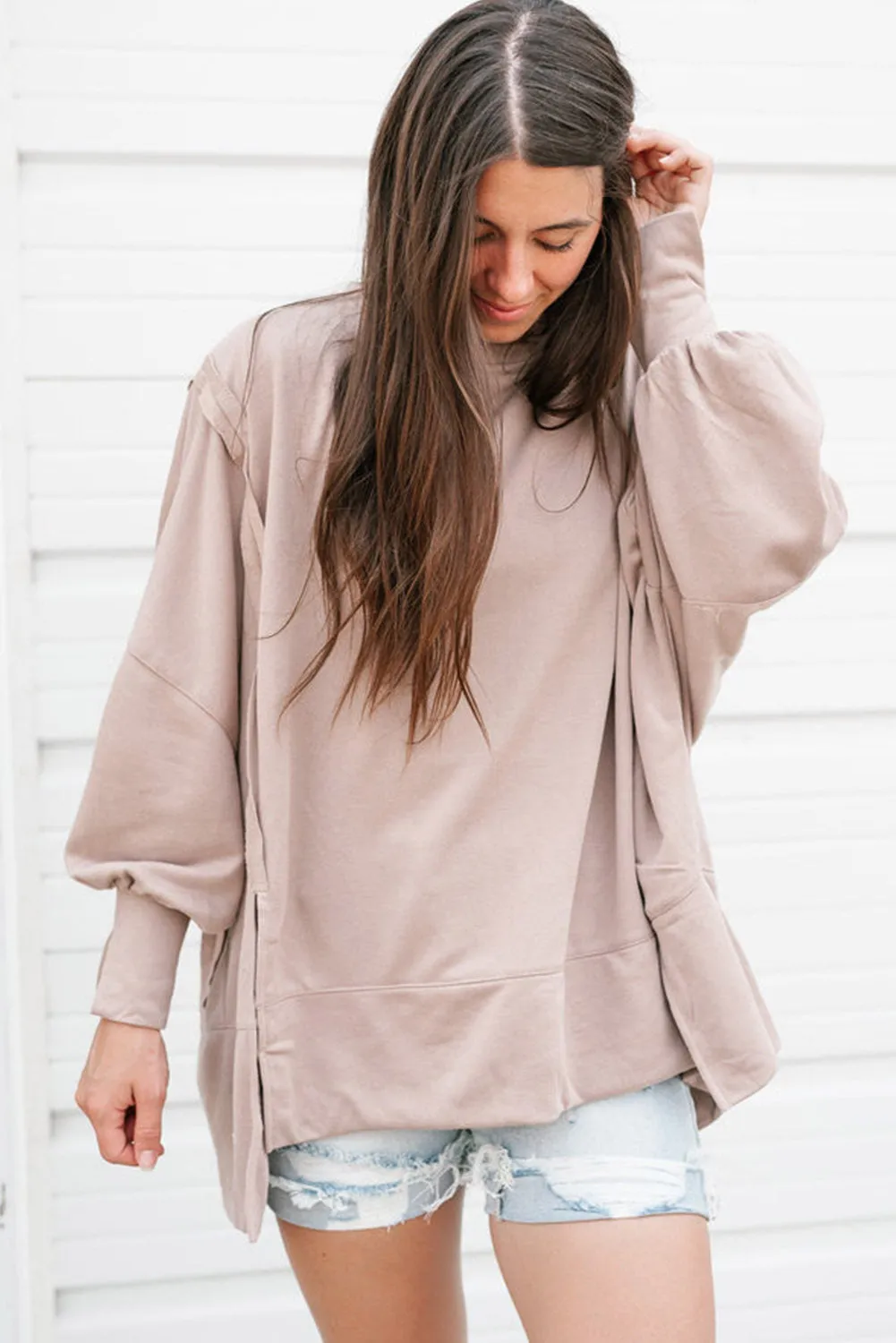 Parchment Exposed Seam Puff Sleeve Split Oversize Sweatshirt