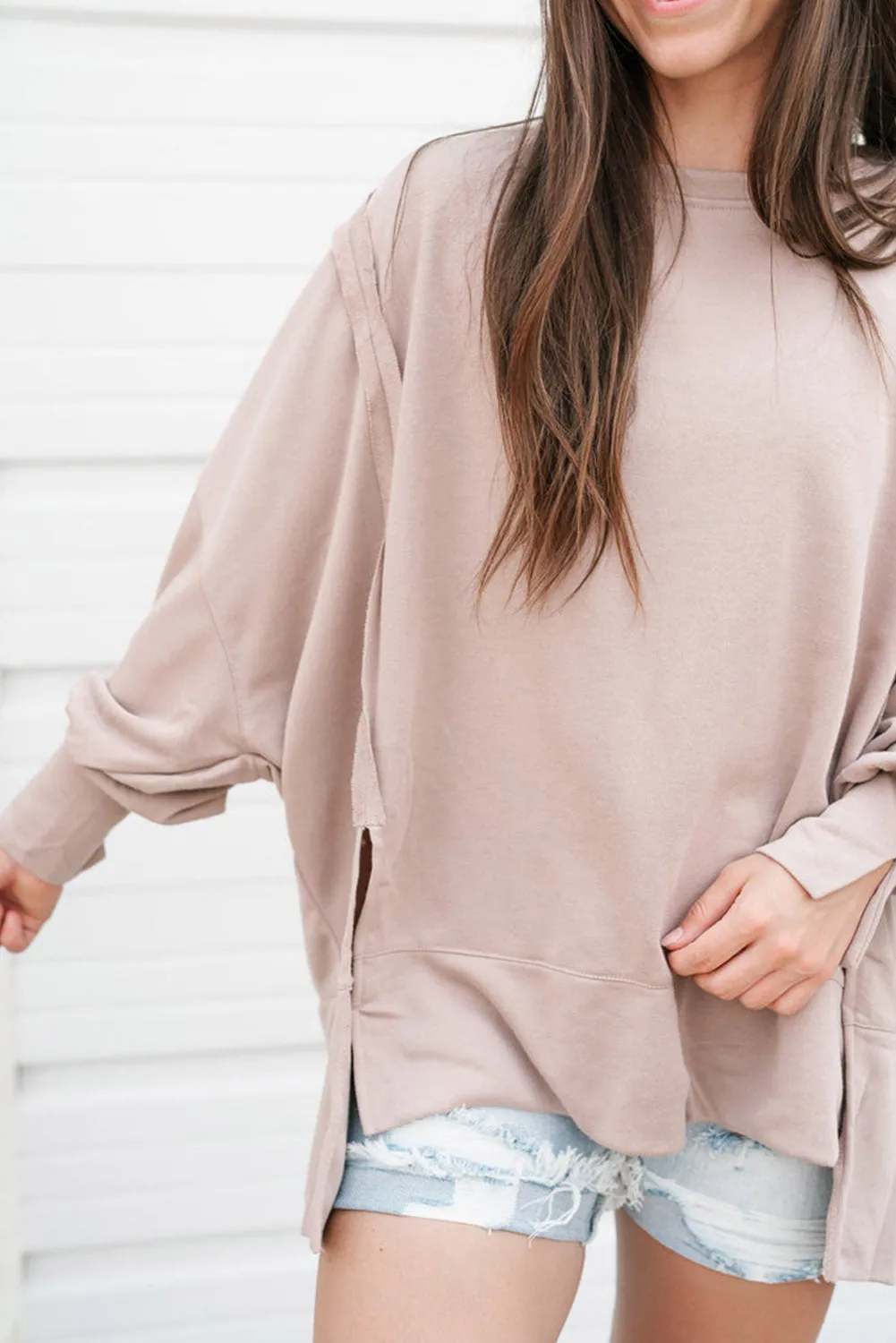 Parchment Exposed Seam Puff Sleeve Split Oversize Sweatshirt