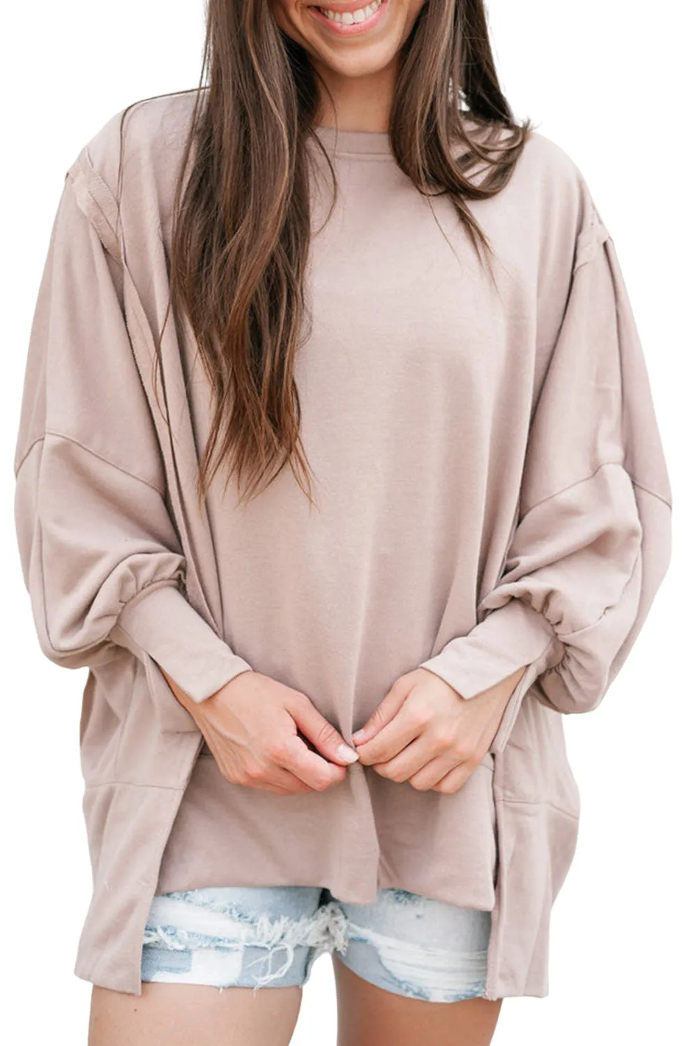 Parchment Exposed Seam Puff Sleeve Split Oversize Sweatshirt