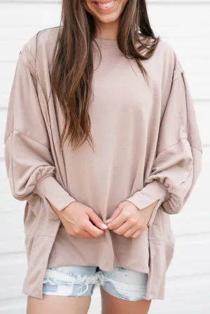 Parchment Exposed Seam Puff Sleeve Split Oversize Sweatshirt