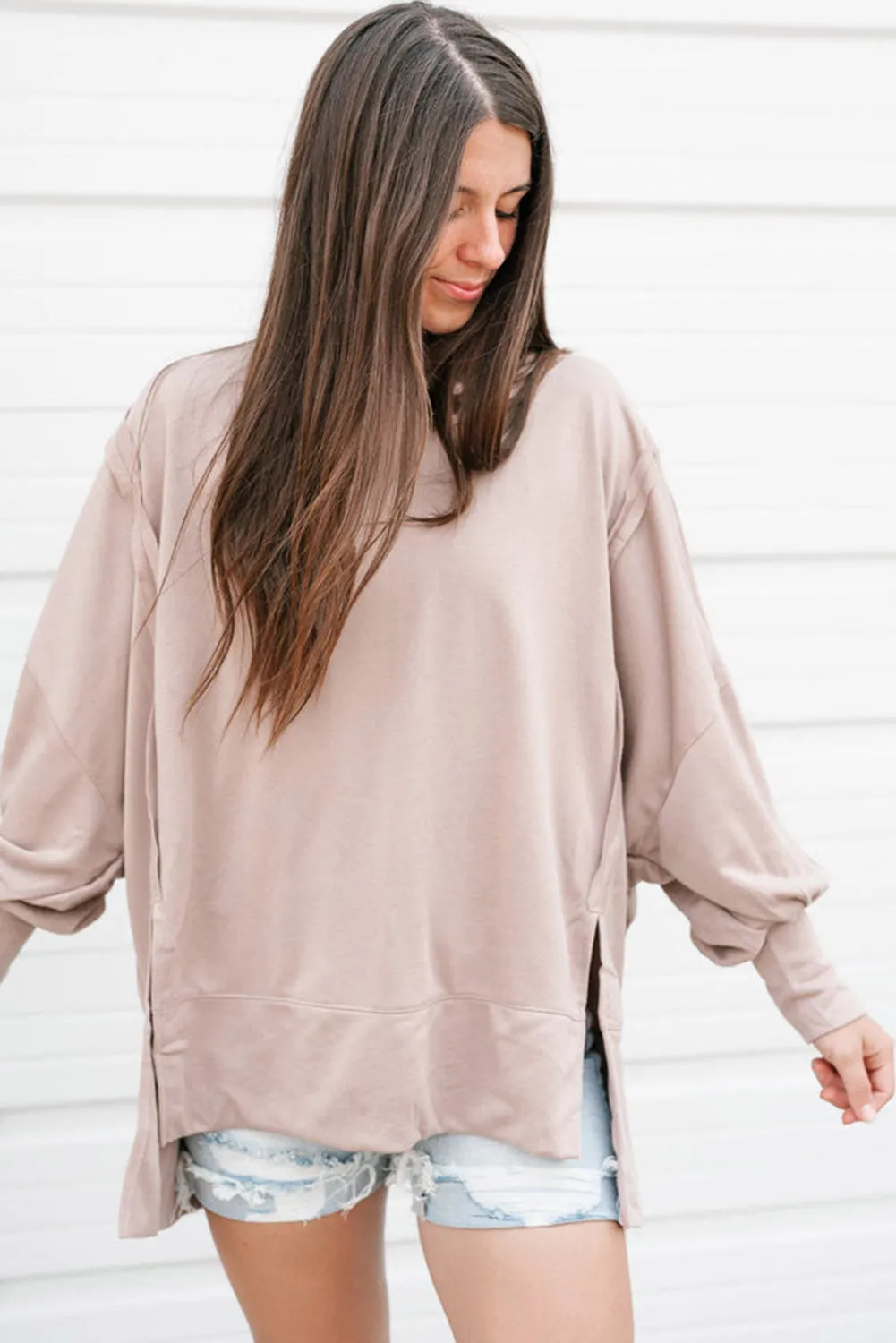 Parchment Exposed Seam Puff Sleeve Split Oversize Sweatshirt