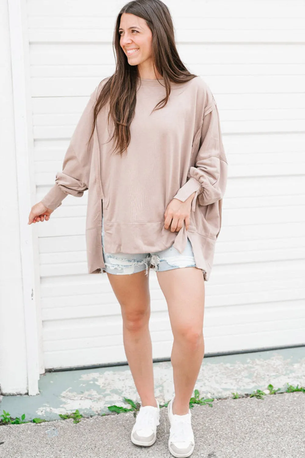 Parchment Exposed Seam Puff Sleeve Split Oversize Sweatshirt