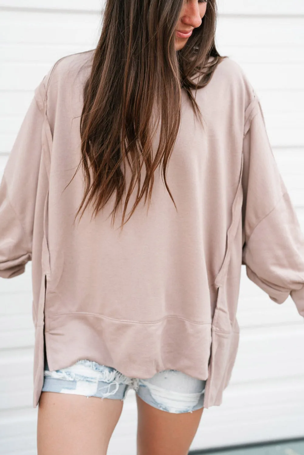 Parchment Exposed Seam Puff Sleeve Split Oversize Sweatshirt