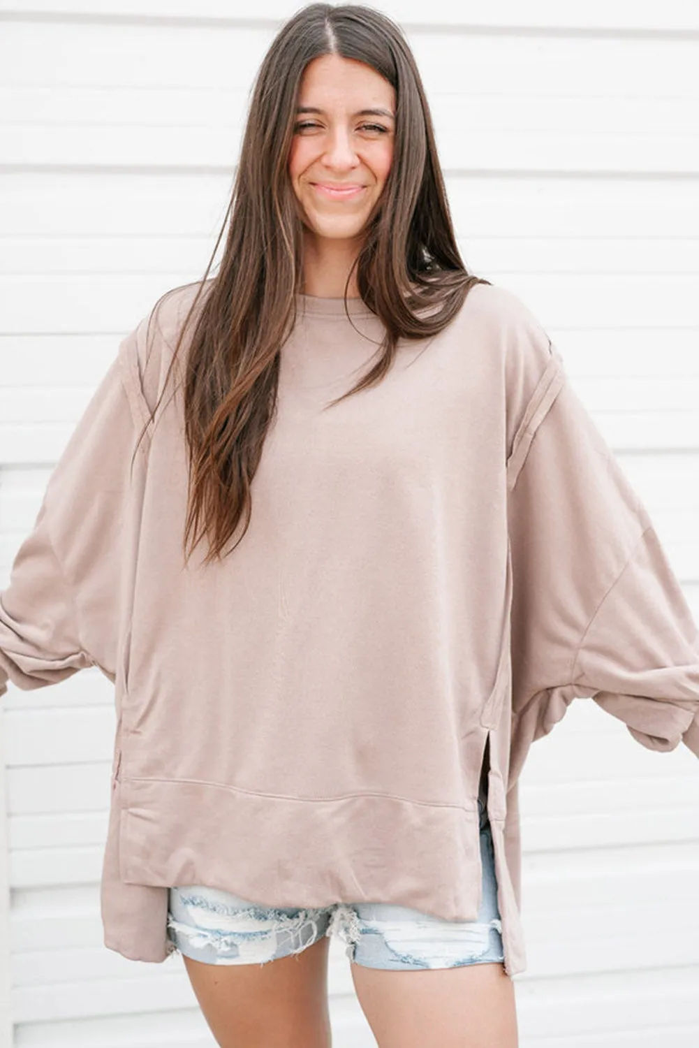 Parchment Exposed Seam Puff Sleeve Split Oversize Sweatshirt