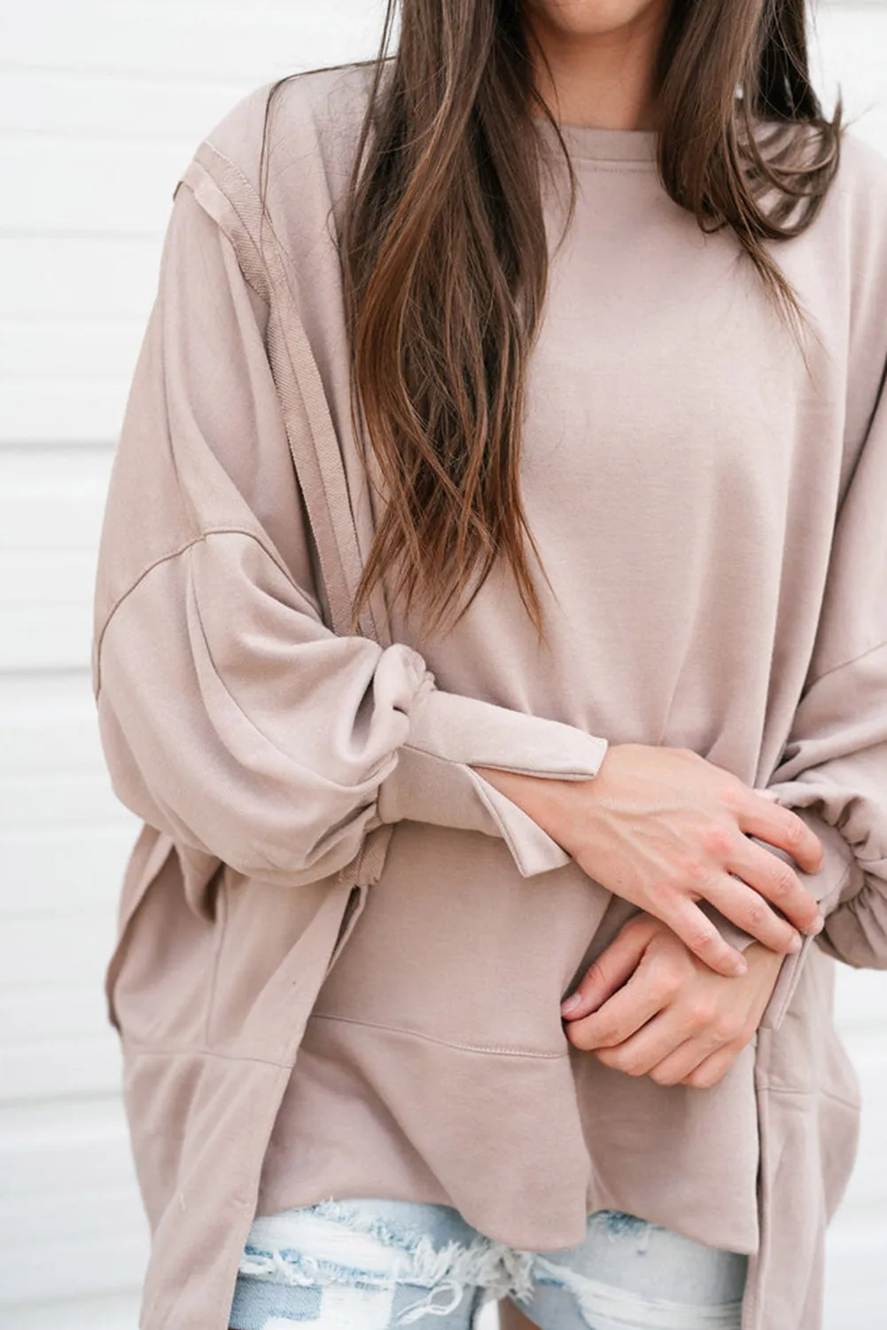 Parchment Exposed Seam Puff Sleeve Split Oversize Sweatshirt