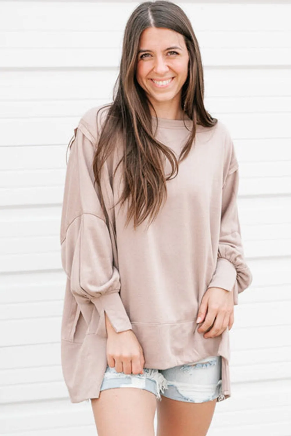 Parchment Exposed Seam Puff Sleeve Split Oversize Sweatshirt