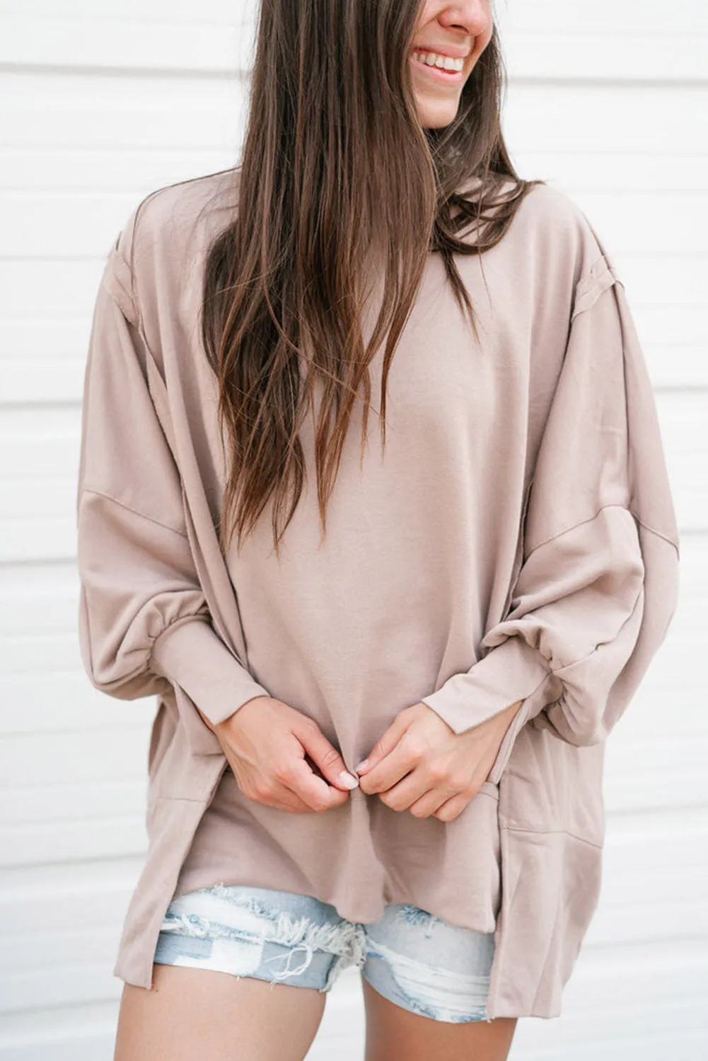 Parchment Exposed Seam Puff Sleeve Split Oversize Sweatshirt