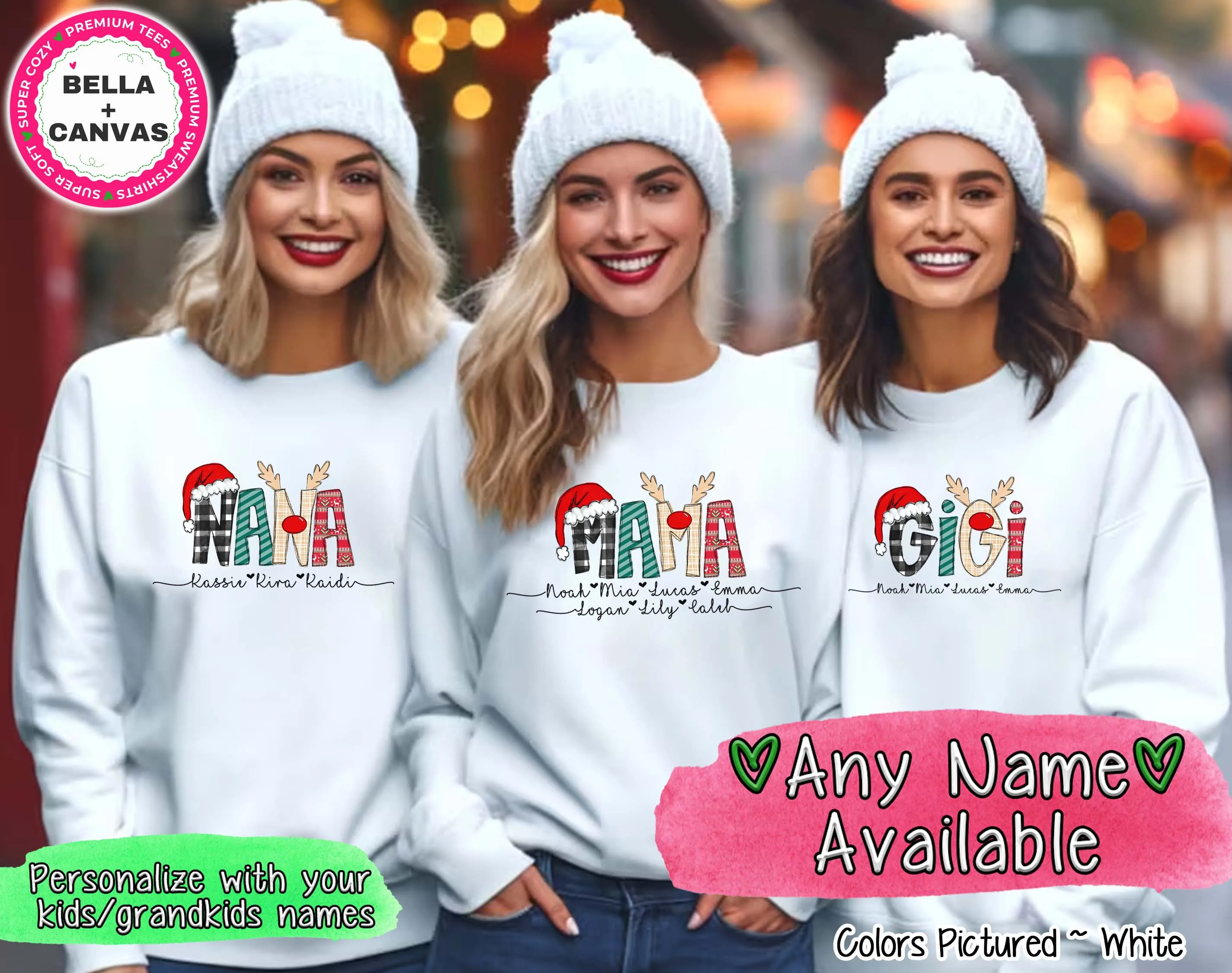 Personalized Christmas Reindeer Names with Kids/Grandkids names Tee or Sweatshirt