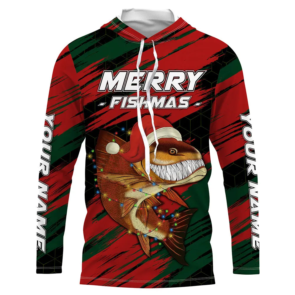 Personalized funny Christmas Redfish long sleeve Fishing Shirts, Mery fishmas Fishing gifts NQS6817